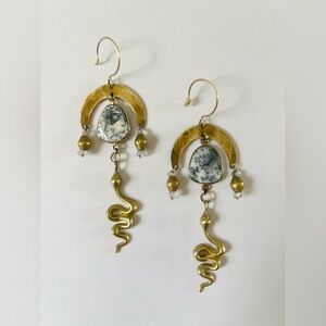 Dendritic Agate Herkimer Crystal Snake Earrings Brass Crescent Talisman Witchy